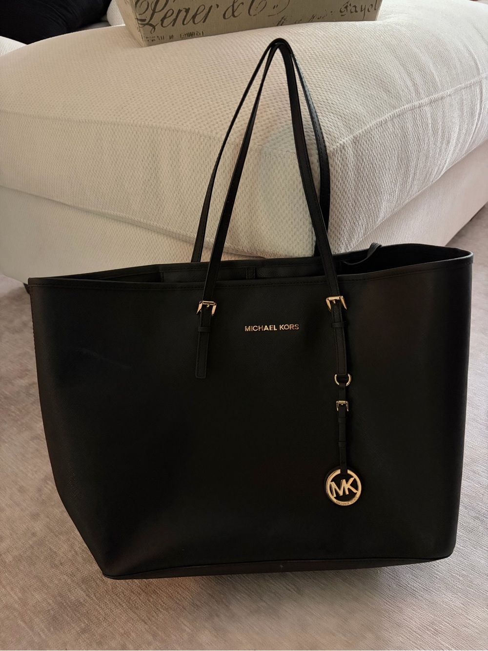 Michael Kors Black Leather Tote with Gold Logo Charm